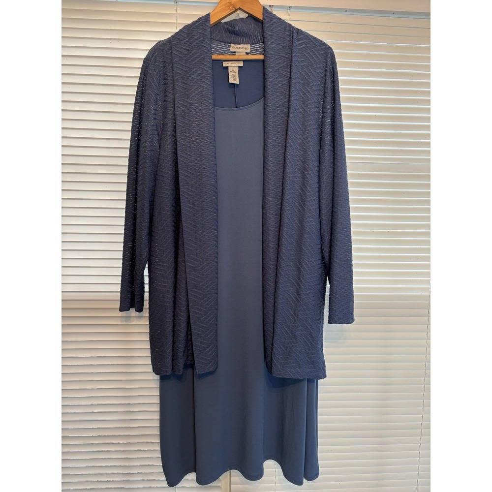 Catherine's 2 PC Jacket Dress Size 2X 22 24 Blue 3/4 Sleeve Below Knee Length